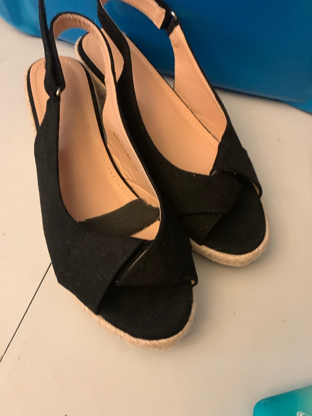 Amazon Black Peep-Toe Slingback Espadrille Wedges